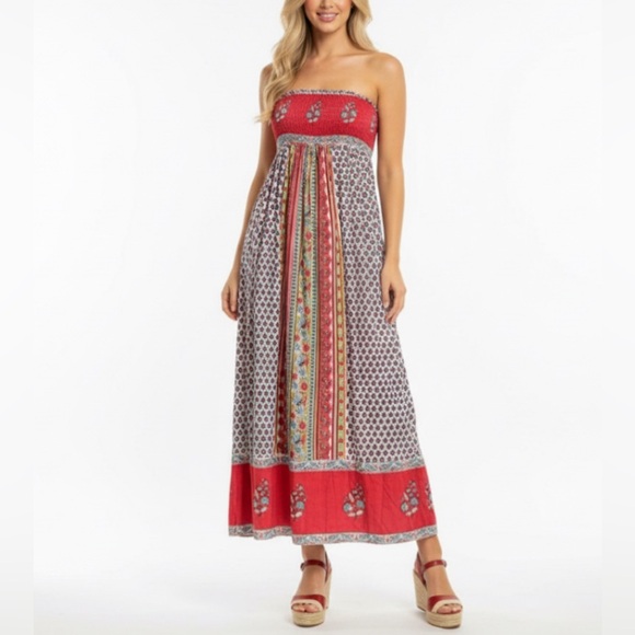 Angie Bohemian Strapless Midi Dress Size Large Red Print Smocked Bodice - Picture 1 of 14